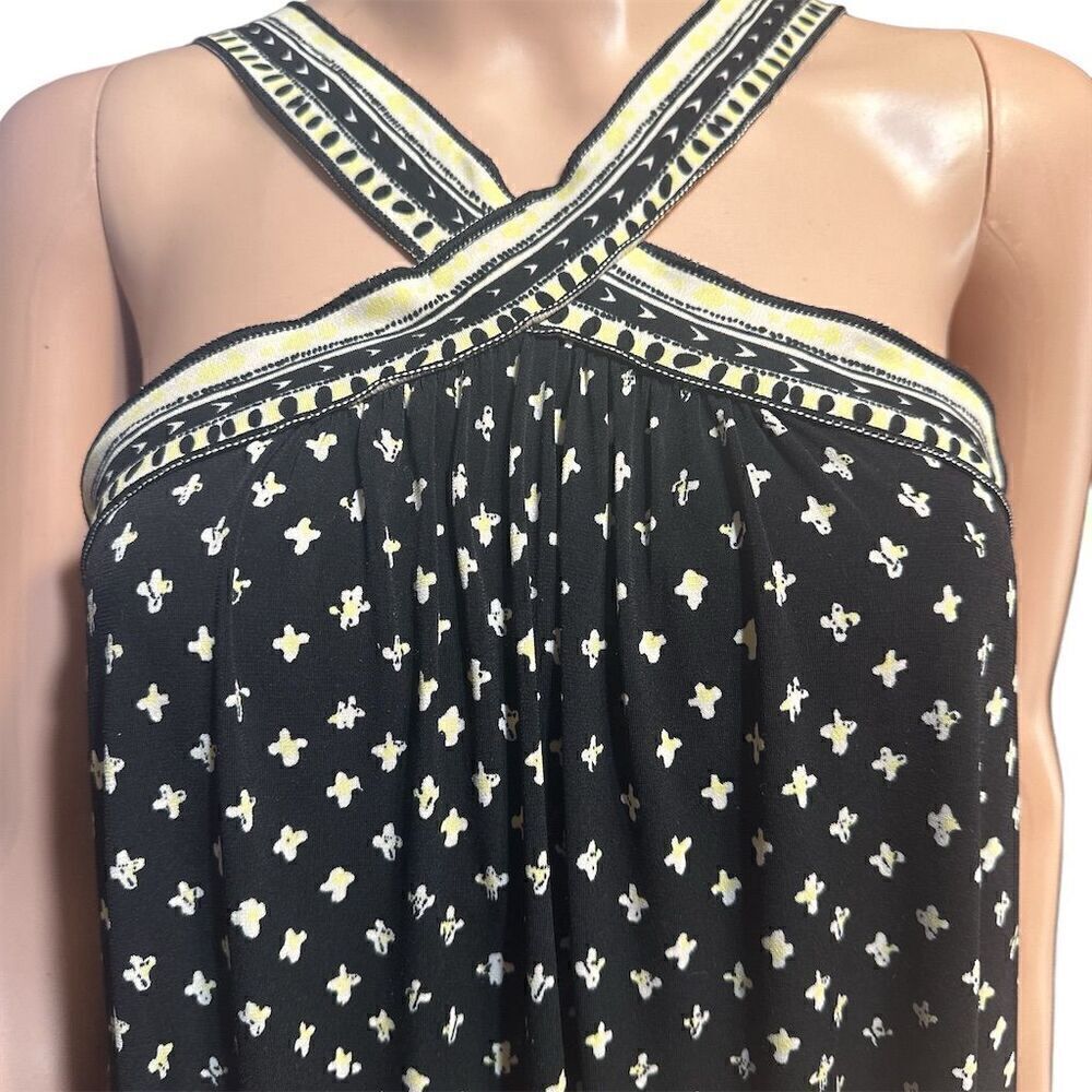 Studio M Black Cream Yellow Print Sleeveless Shoulder Strap Midi Shift Dress - Picture 2 of 5